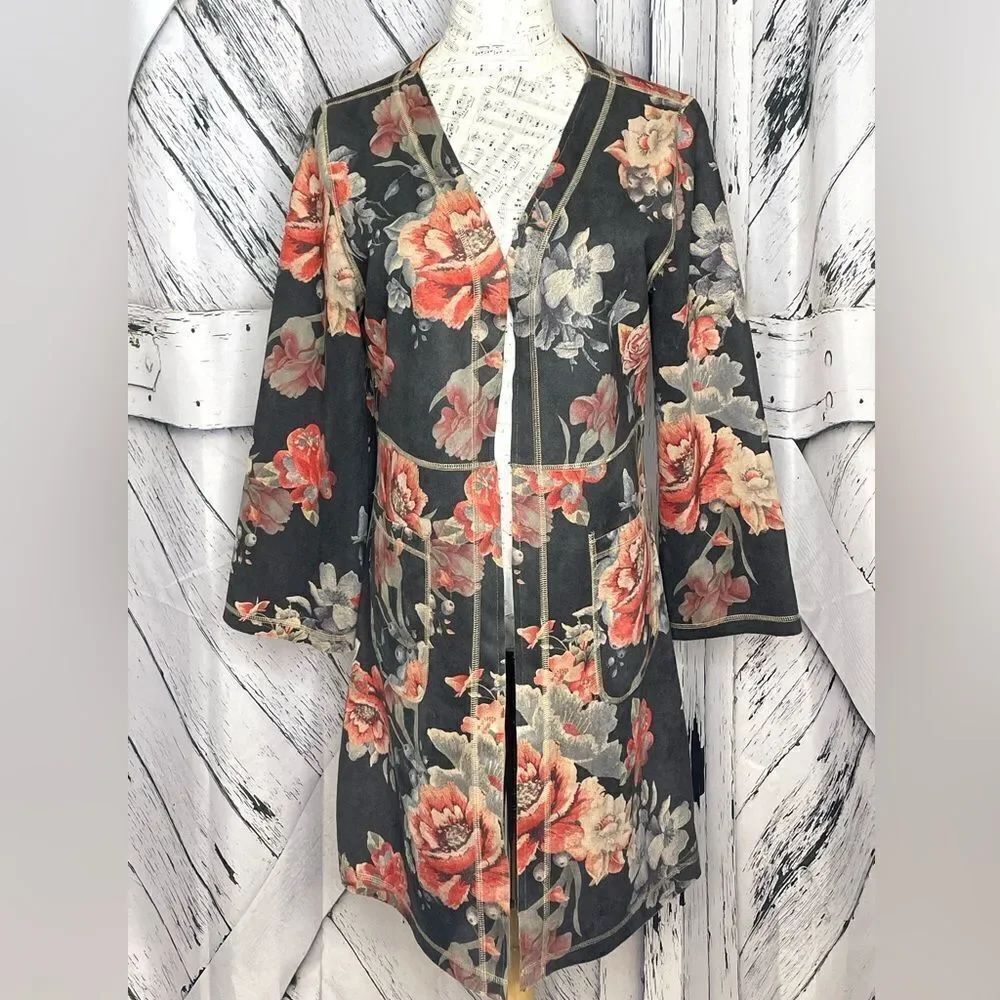 Solitaire x Anthropologie Faux Suede Open Front Floral Coat M